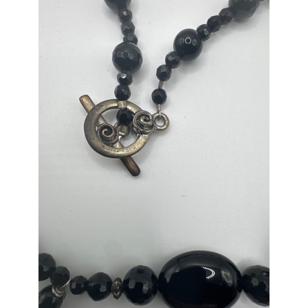 VTG Black Geometric Statement Necklace Square Beaded Toggle Clasp Silver Tone - Picture 3 of 6